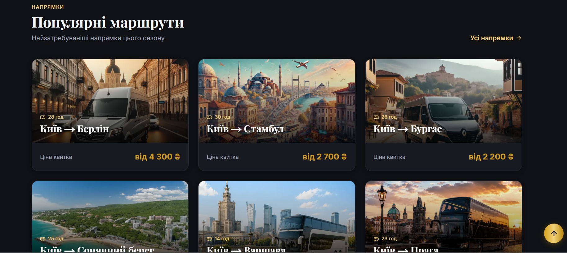 Популярні маршрути з реальними цінами: Київ→Берлін (від 4300 ₴, 28 год), Київ→Стамбул (від 2700 ₴, 30 год), Київ→Бургас (від 2200 ₴, 26 год), Варшава, Прага, Сонячний берег