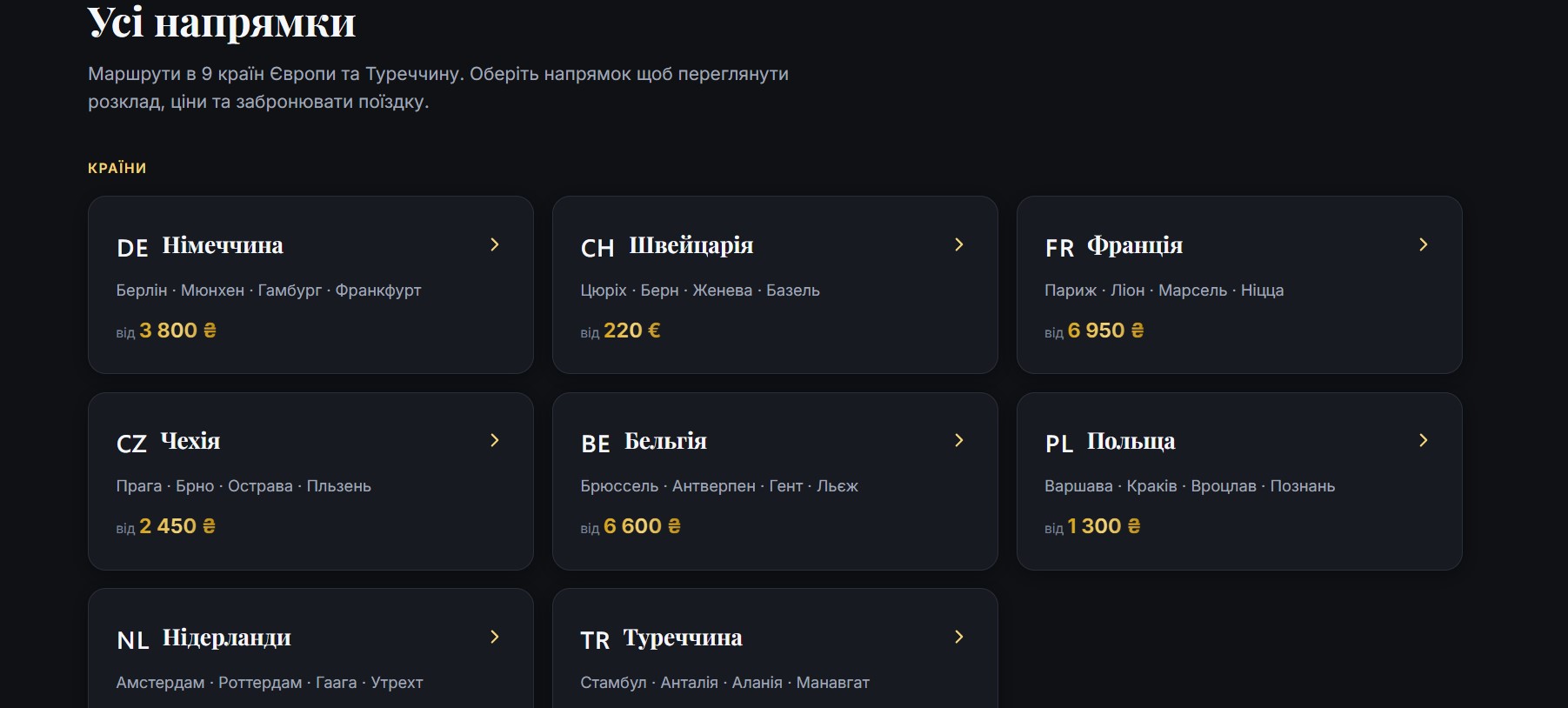Усі напрямки: DE Німеччина, CH Швейцарія, FR Франція, CZ Чехія, BE Бельгія, PL Польща, NL Нідерланди, TR Туреччина. Кожна країна — окрема SEO-сторінка з містами і цінами