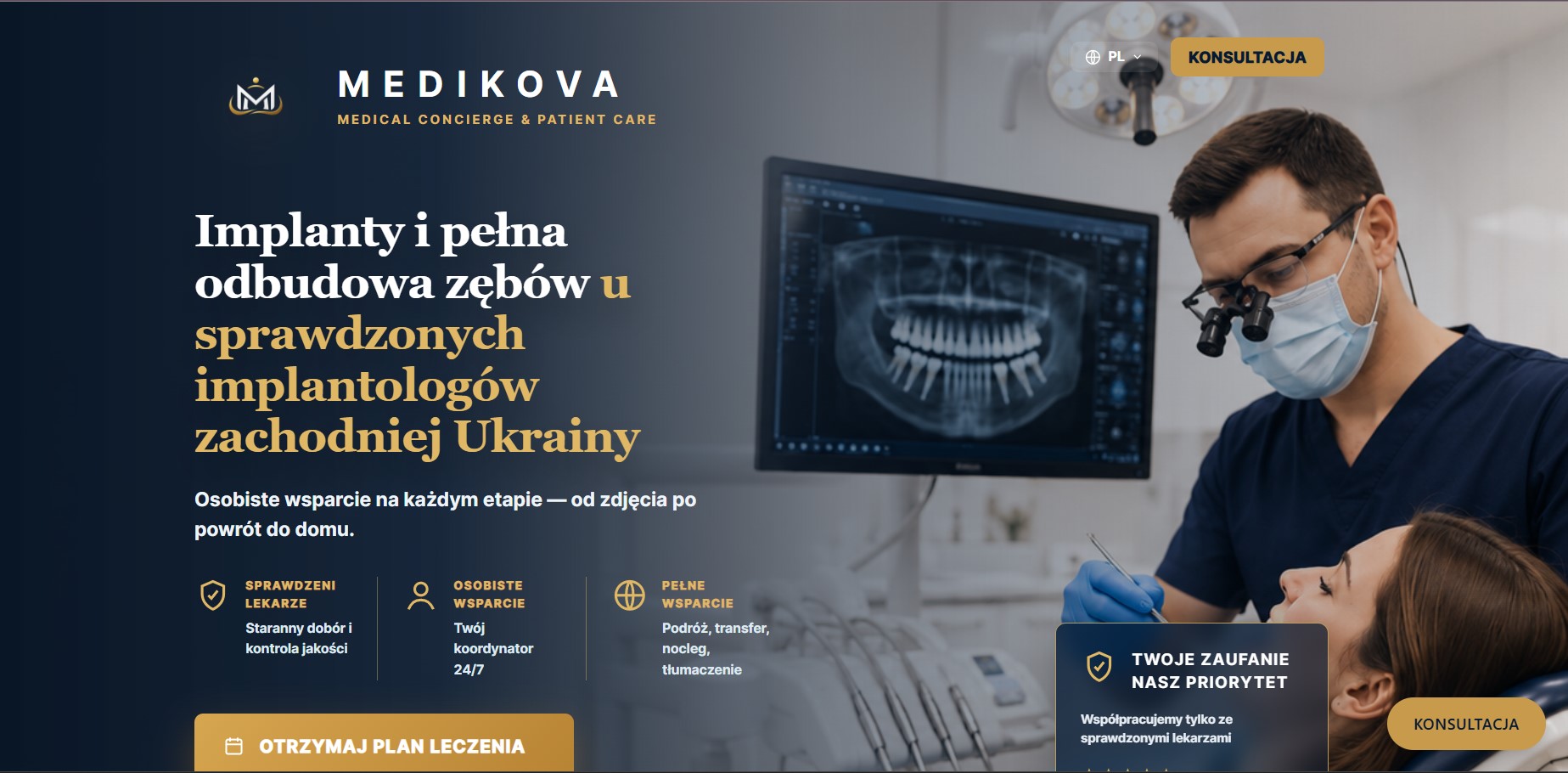 PL версія (переключатель мов у хедері): 'Implanty i pełna odbudowa zębów u sprawdzonych implantologów zachodniej Ukrainy'. Фото дантиста з рентгеном — довіра для польського ринку