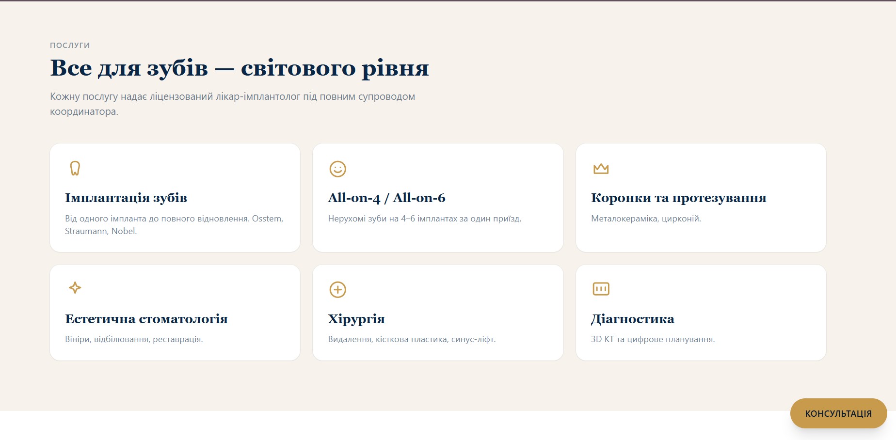 6 послуг: Імплантація (Osstem/Straumann/Nobel), All-on-4/All-on-6, Коронки і протезування, Естетична стоматологія (вініри), Хірургія (синус-ліфт), Діагностика (3D КТ)