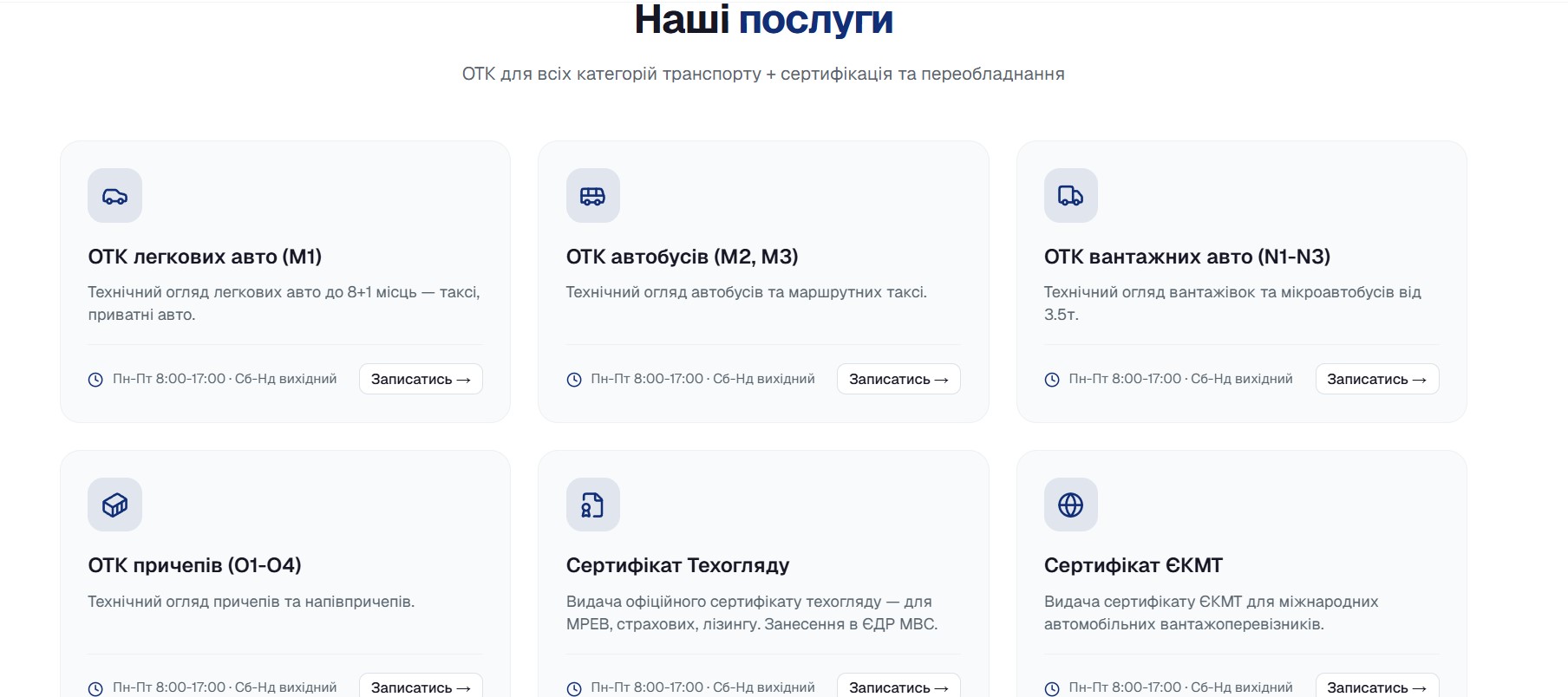 6 послуг у сітці: ОТК легкових (M1), автобусів (M2/M3), вантажівок (N1-N3), причепів (O1-O4), сертифікати Техогляду і ЄКМТ